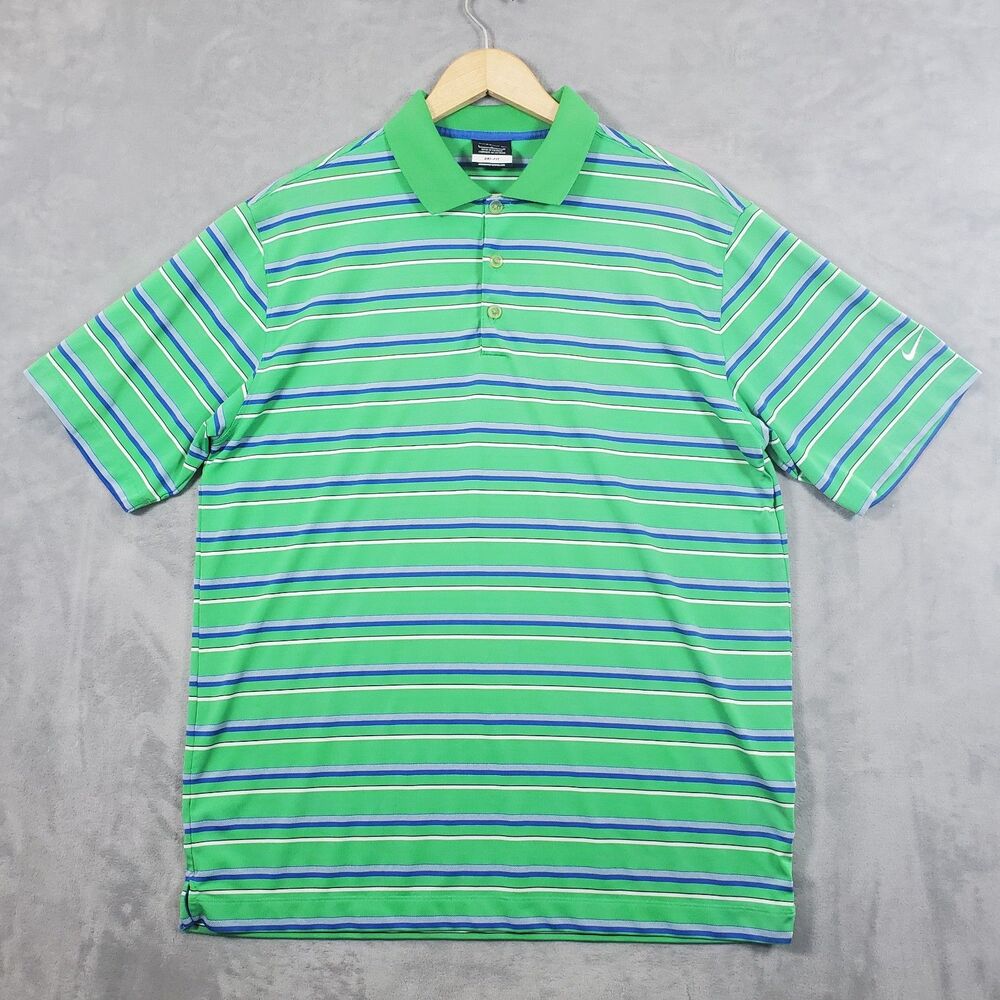 Nike Golf Mens Dri-FIT Polo Shirt Green Blue Striped Standard Fit Large